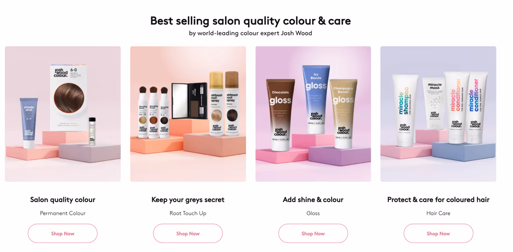 Best-selling salon quality colour and care: four product categories on pastel blocks with Shop Now buttons
