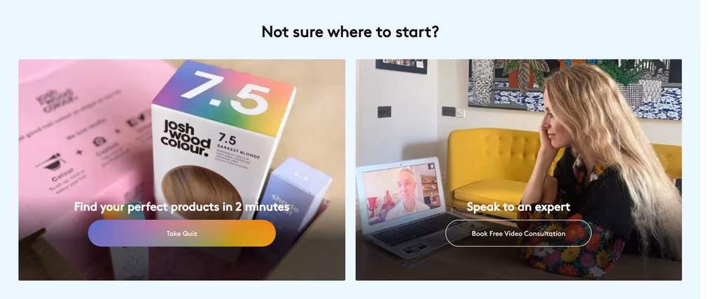 'Not sure where to start?' block offering a two-minute product quiz and a free video consultation