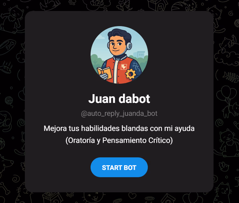 t.me landing card for Juan dabot with its hand-drawn avatar, the @auto_reply_juanda_bot handle, the soft-skills description and a Start Bot button