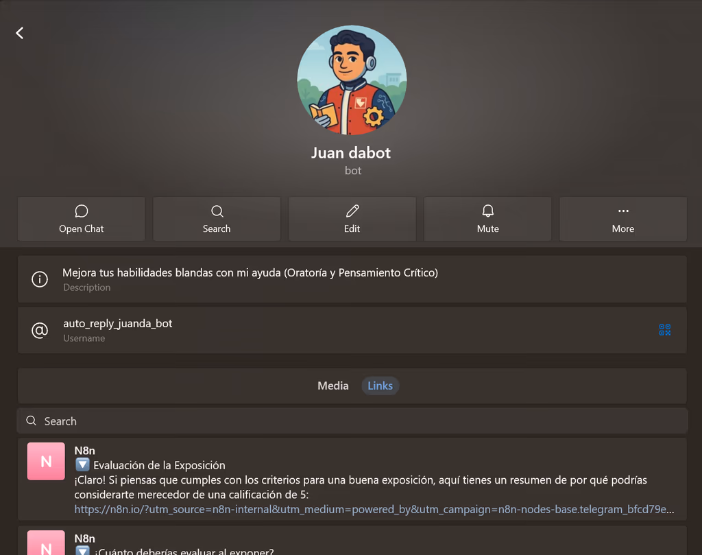 Juan Dabot's Telegram profile: description 'Mejora tus habilidades blandas con mi ayuda (Oratoría y Pensamiento Crítico)', username auto_reply_juanda_bot, and recent replies generated by the n8n workflow evaluating a speech