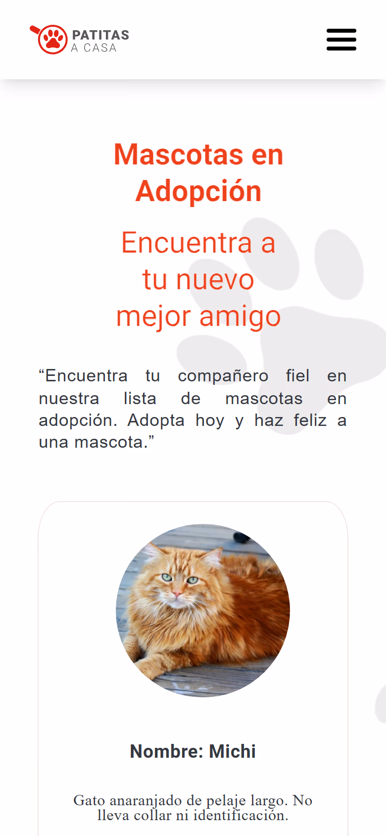 Adoption listing on a phone: hamburger menu, heading and a pet card