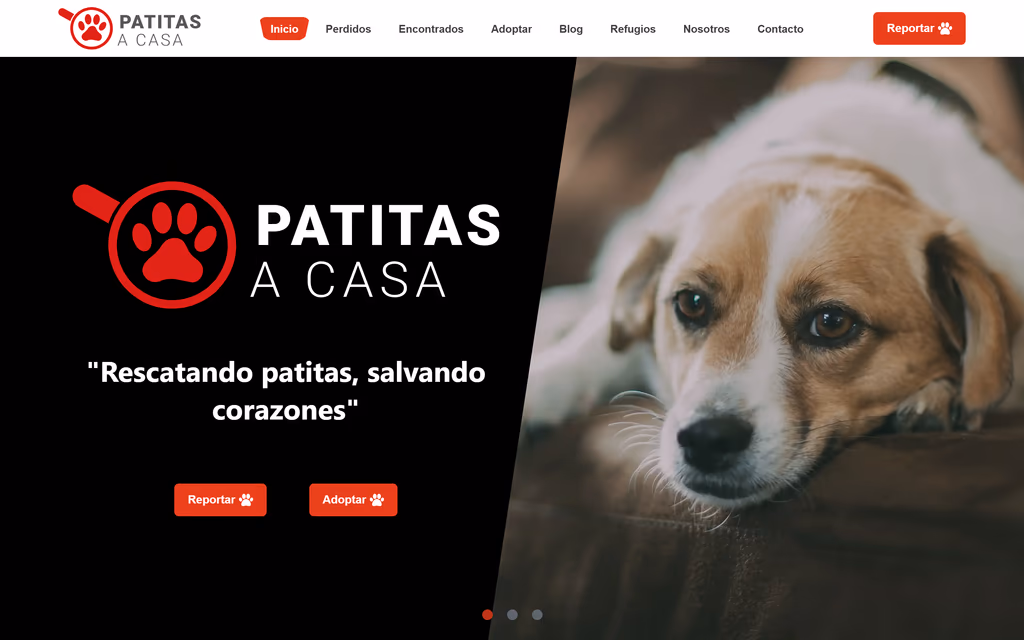 Patitas a Casa home: a dog portrait beside the slogan 'Rescatando patitas, salvando corazones' with Reportar and Adoptar buttons