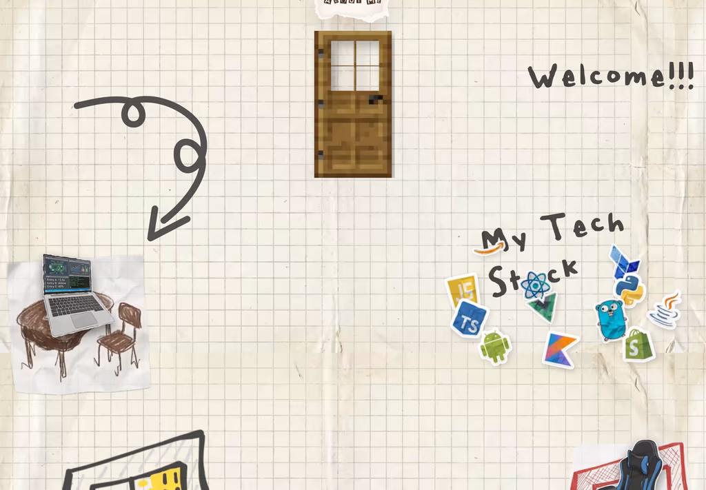 About section: a graph-paper desk with a wooden door, tech-stack stickers, a laptop sketch and a window doodle