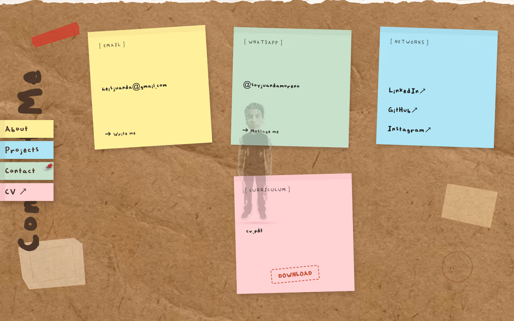 Contact section: four sticky notes with email, WhatsApp, networks and a CV download pinned on kraft paper