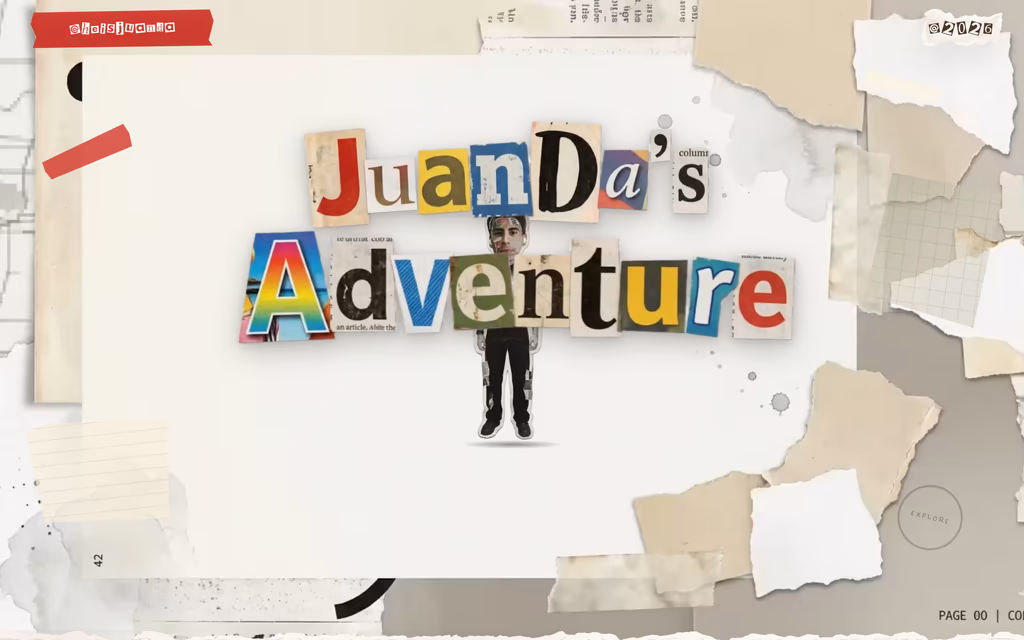 Hero: 'JuanDa's Adventure' in cut-out collage letters over torn paper, with the paper character in front