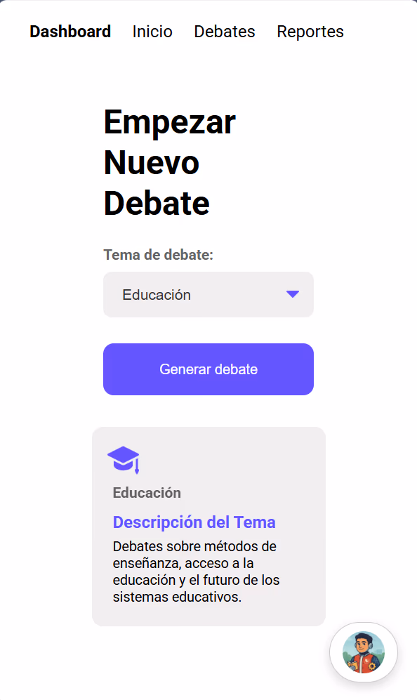 'Empezar Nuevo Debate' on a phone: topic category set to Educación and the generated debate description about teaching methods and access to education