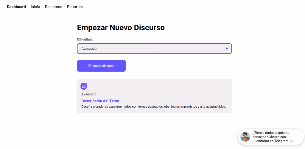 'Empezar Nuevo Discurso': difficulty selector set to Avanzado and the generated topic description challenging experienced speakers with abstract themes and unexpected obstacles
