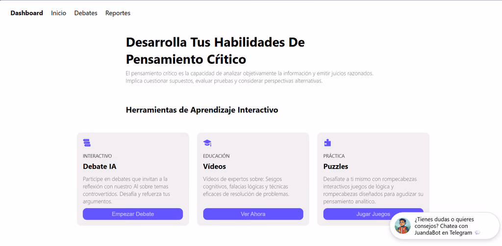 Critical thinking module hub: 'Desarrolla Tus Habilidades De Pensamiento Crítico' with cards for AI debate, videos and logic puzzles